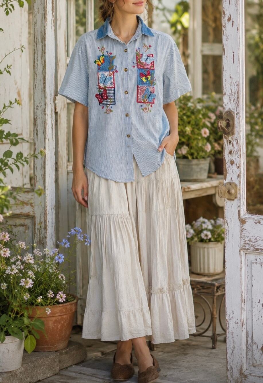 Vintage Casey & Max Embroidered Butterfly Shirt Patchwork Cottagecore fairy L